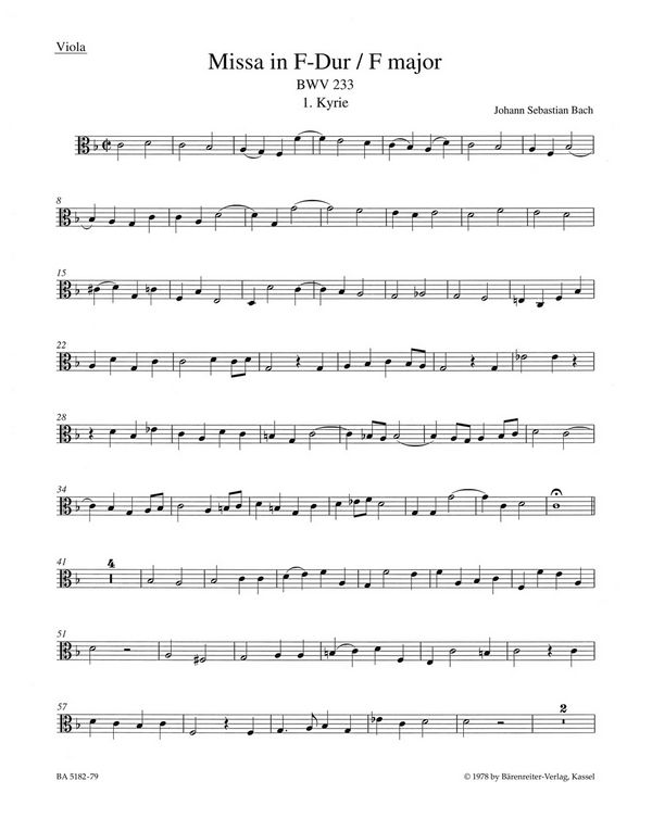 Missa F-Dur BWV233 für Soli, gem Chor&nbsp;&nbsp;und Orchester&nbsp;&nbsp;Viola