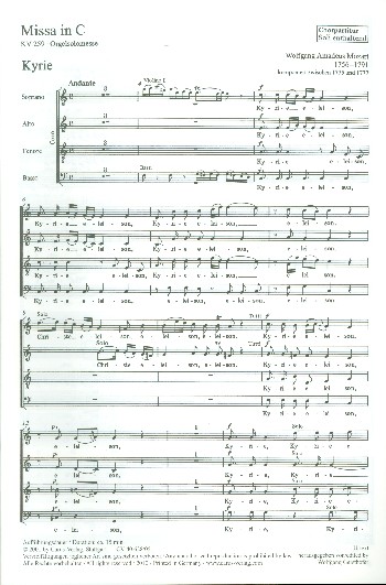 Missa C-Dur KV259 (Orgelsolomesse)&nbsp;&nbsp;für Soli, gem Chor, Orgel, Orchester&nbsp;&nbsp;Chorpartitur (la)
