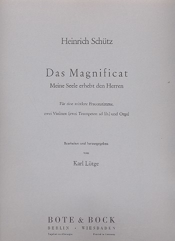 Meine Seele erhebt den Herren&nbsp;&nbsp;für mittlere Frauenstimme, 2 Violinen und Orgel&nbsp;&nbsp;Partitur und Stimmen