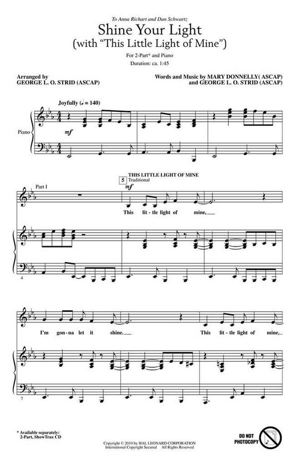 Shine your Light (This little Light of Mine)&nbsp;&nbsp;for 2-part chorus and piano&nbsp;&nbsp;score