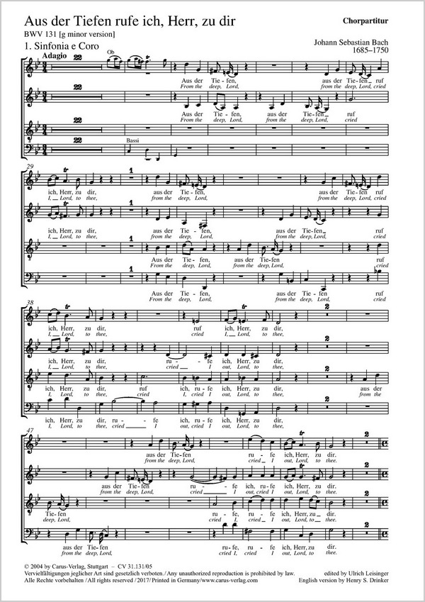Aus der Tiefen rufe ich Herr zu dir&nbsp;&nbsp;Kantate Nr.131 BWV131&nbsp;&nbsp;Chorpartitur (Fassung g-Moll)