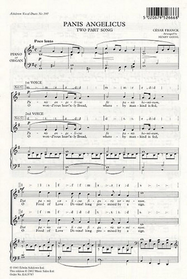 Panis Angelicus for 2-part chorus  (2 voices) and piano  score (la/en)