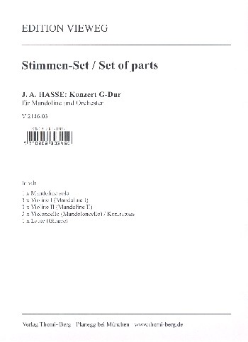 Konzert G-Dur  für Mandoline solo und Zupforchester (oder Streicher)  Stimmensatz (solo-3-3-3-Laute/Gitarre)