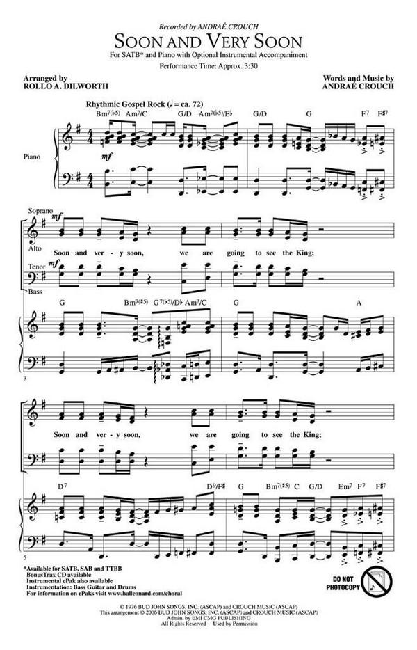 Soon and very soon for mixed chorus&nbsp;&nbsp;(SATB) and instruments&nbsp;&nbsp;vocal score