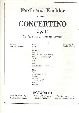 Concertino D-Dur op.15  für Violine und Orchester  Partitur,  Archivkopie