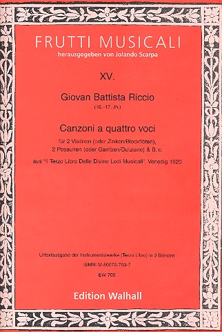 Canzoni a 4 voci  für 1-2 Melodieinstrumente, 2 Bassinstrumente und Bc  Partitur und Stimmen (Bc nicht ausgesetzt)