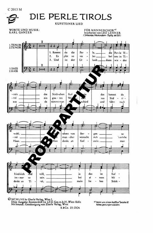 Die Perle Tirols&nbsp;&nbsp;für Männcherchor a cappella (Klavier ad lib)&nbsp;&nbsp;Chorpartitur