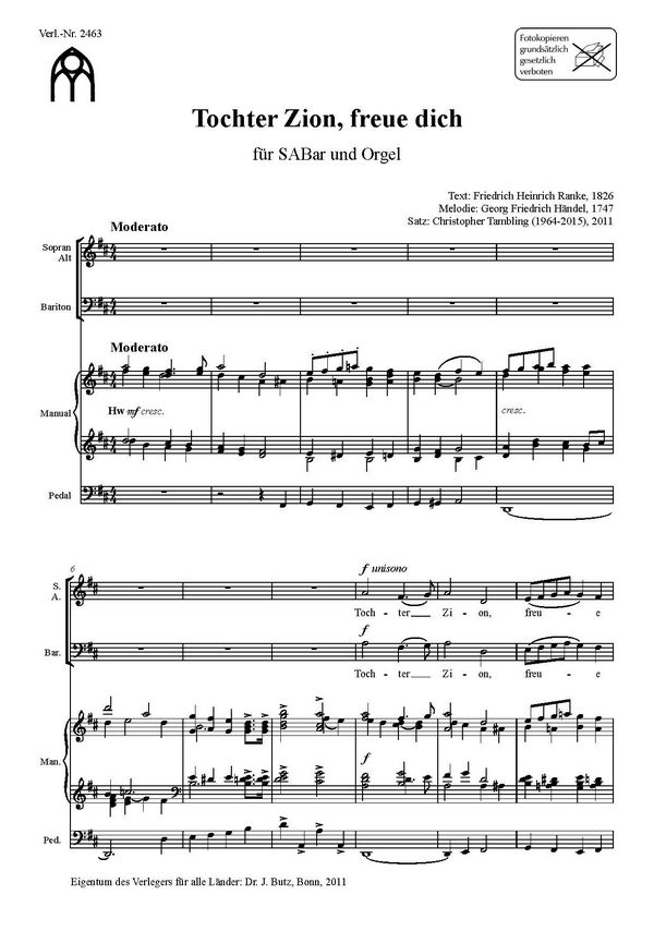 Tochter Zion, freue dich&nbsp;&nbsp;für gem Chor (SABar) und Orgel&nbsp;&nbsp;Partitur