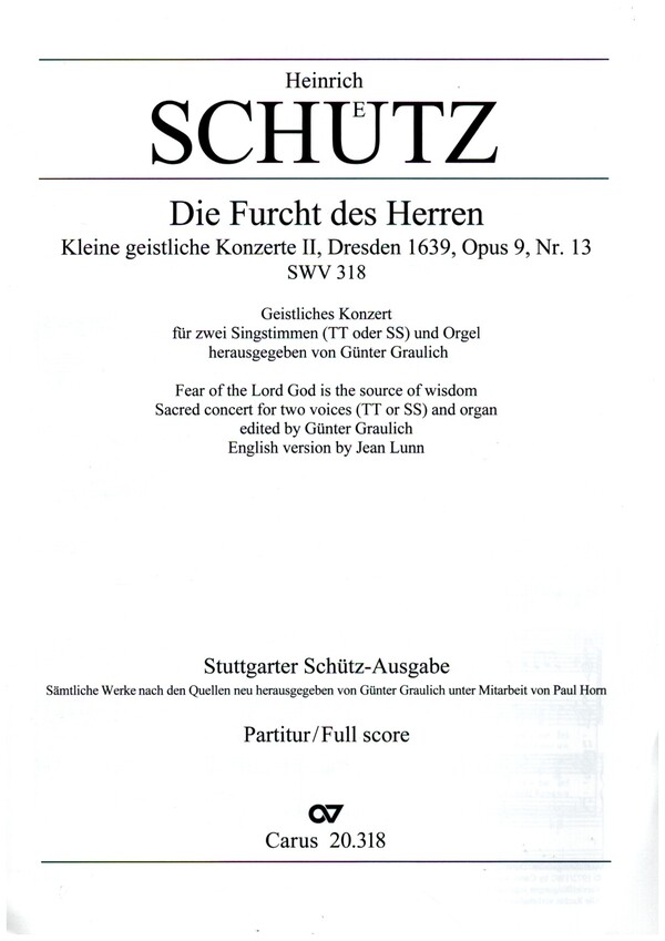 Die Furcht des Herren ist der Weisheit&nbsp;&nbsp;Anfang op.9,13 SWV318 für Männerchor&nbsp;&nbsp;und Orgel  Partitur