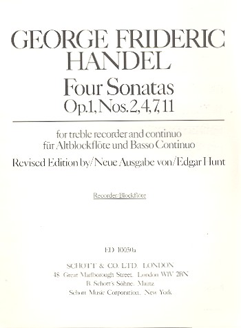 4 Sonatas from op.1 (nos.2,4,7,11)  for alto recorder and Bc  alto recorder