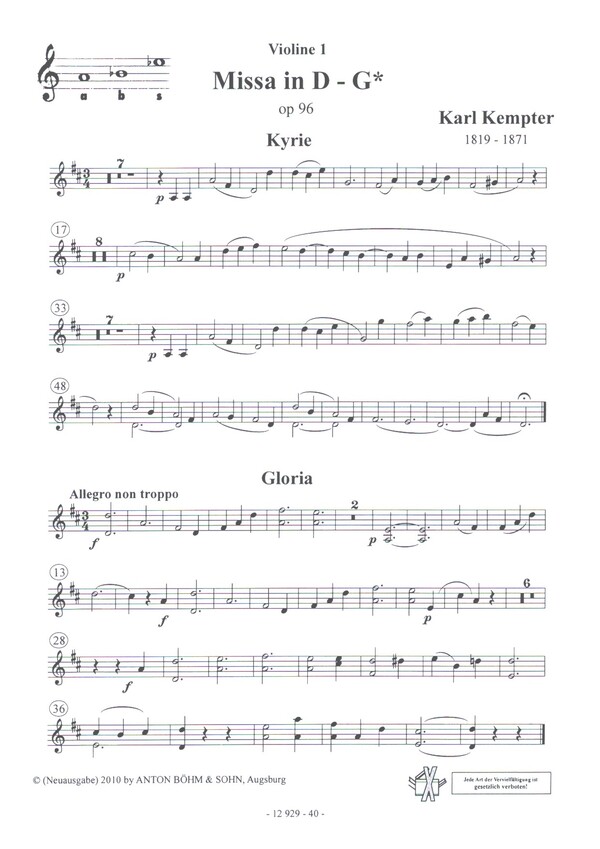 Messe in D - G op.96 &nbsp;&nbsp;für gem Chor (SAM) und Orgel (2 Violinen und 2 Hörner ad lib)&nbsp;&nbsp;Violine 1