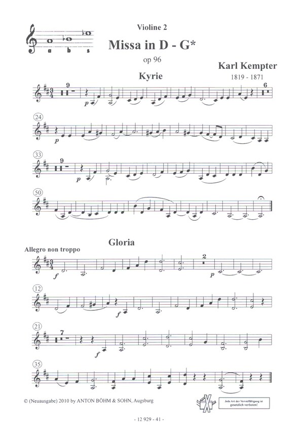Messe in D - G op.96 &nbsp;&nbsp;für gem Chor (SAM) und Orgel (2 Violinen und 2 Hörner ad lib)&nbsp;&nbsp;Violine 2