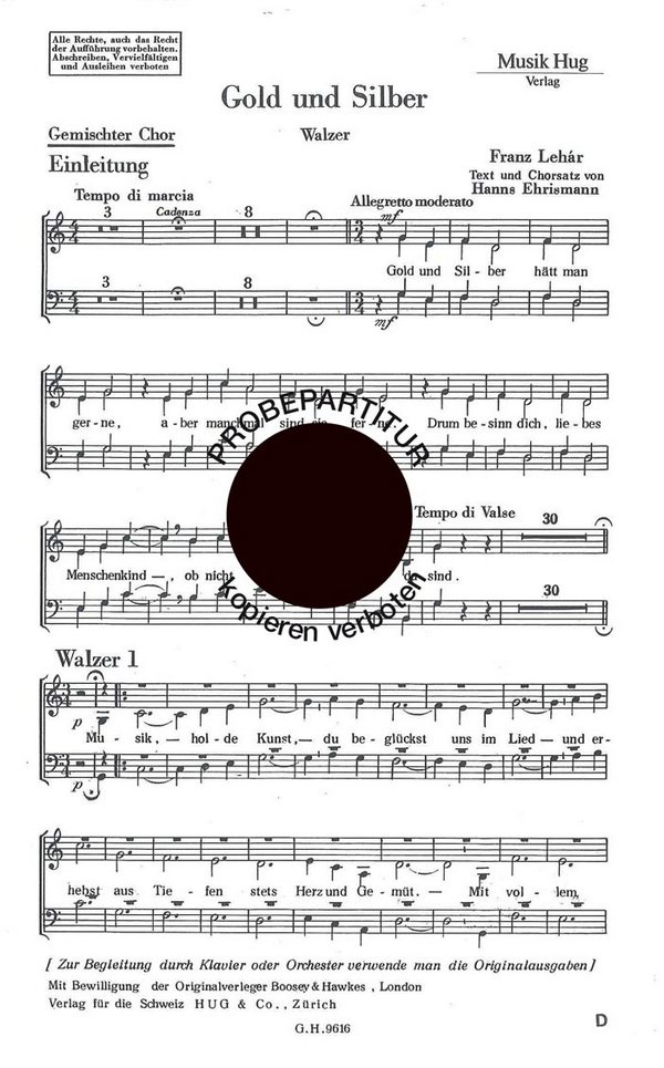 Gold und Silber für gem Chor und&nbsp;&nbsp;Orchester (Klavier)&nbsp;&nbsp;Chorpartitur