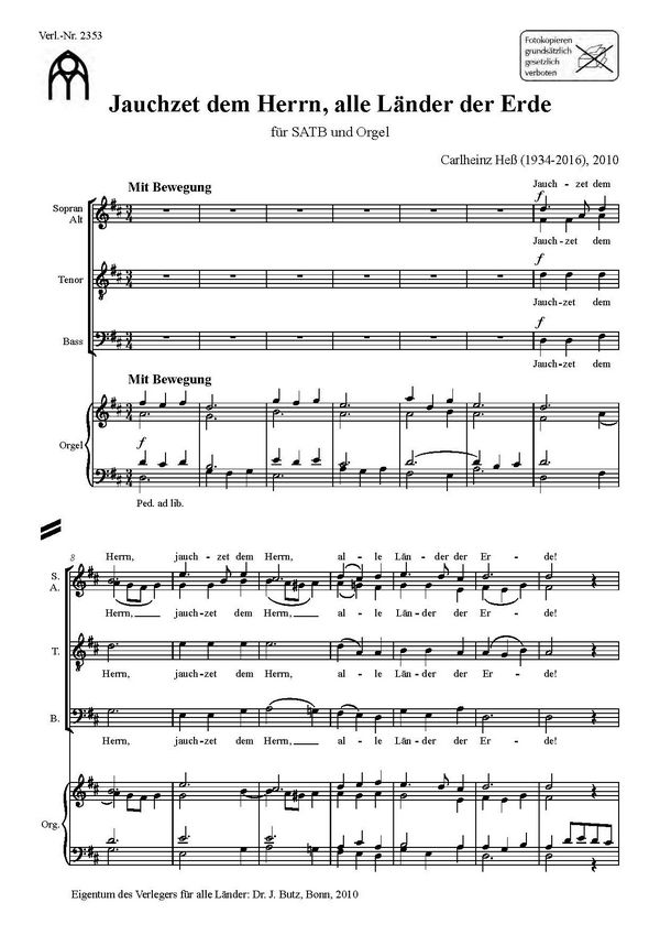 Jauchzet dem Herrn alle Länder der Erde&nbsp;&nbsp;für gem Chor und Orgel&nbsp;&nbsp;Partitur