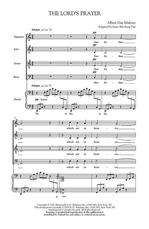 The Lord's Prayer c major&nbsp;&nbsp;for mixed chorus and piano&nbsp;&nbsp;vocal score