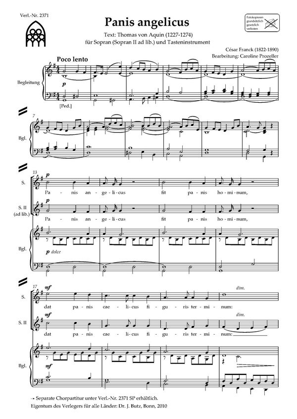 Panis angelicus  für 1-2 Soprane (Frauenchor) und Klavier  Partitur