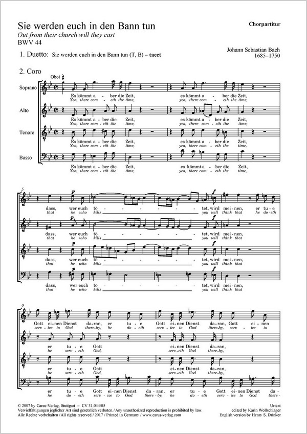 Sie werden euch in den Bann tun&nbsp;&nbsp;Kantate Nr.44 BWV44&nbsp;&nbsp;Chorpartitur (dt/en)