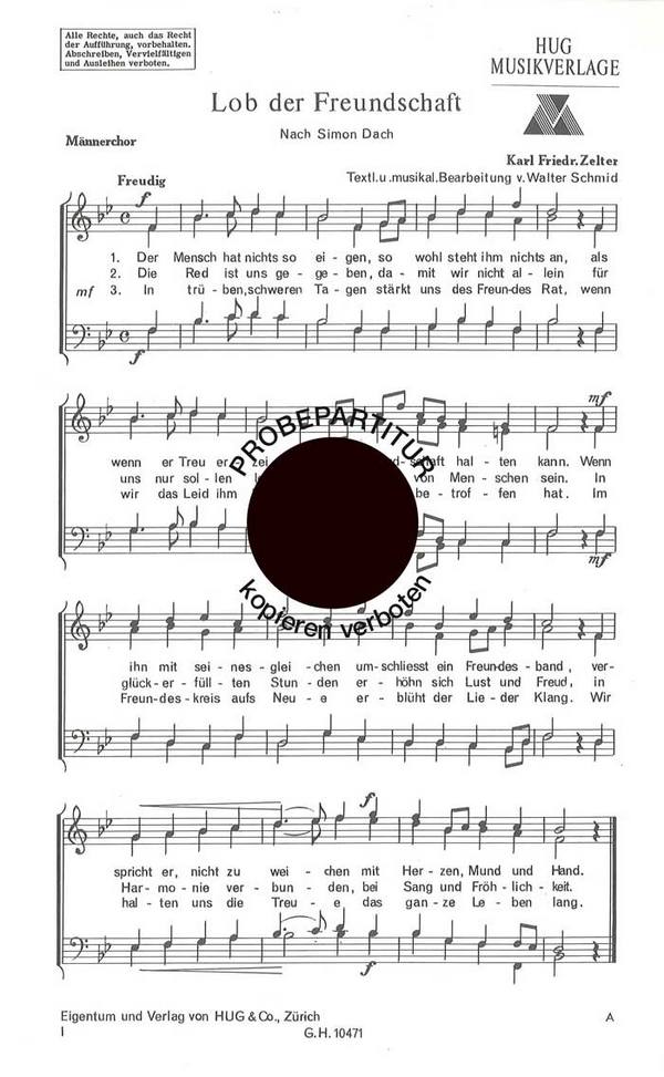 Lob der Freundschaft für Männerchor  a cappella  Partitur