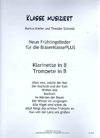 Klasse musiziert - Frühlingslieder  für Bläserklasse/Blasorchester  Klarinette/Trompete