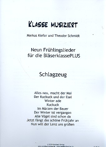 Klasse musiziert - Frühlingslieder  für Bläserklasse/Blasorchester  Schlagzeug