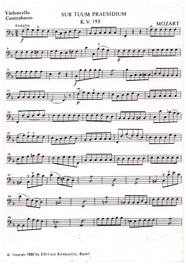 Sub tuum praesidium KV198&nbsp;&nbsp;für 2 Sopran, Streicher und Orgel&nbsp;&nbsp;Violoncello/Kontrabass