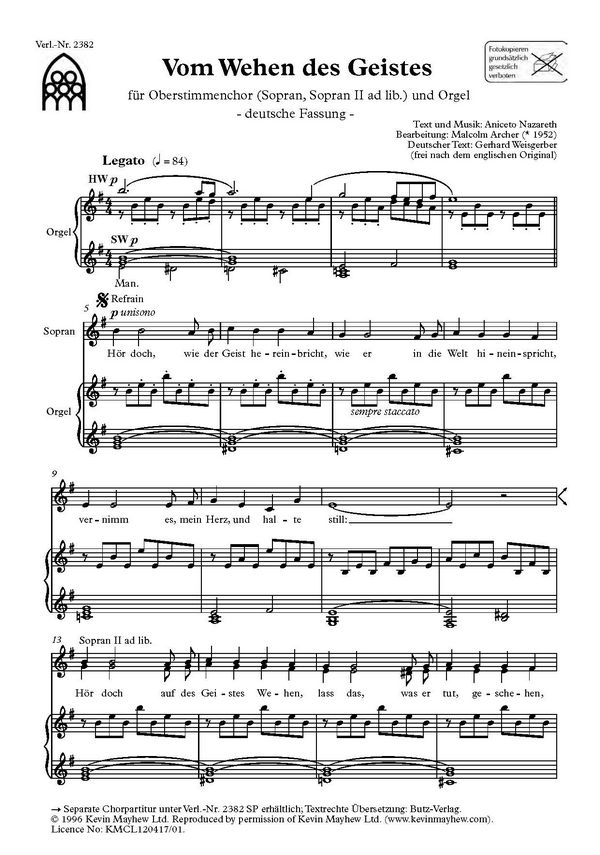 Listen to the spirit ('Vom Wehen des Geistes')&nbsp;&nbsp;für Frauenchor und Orgel&nbsp;&nbsp;Partitur (en)