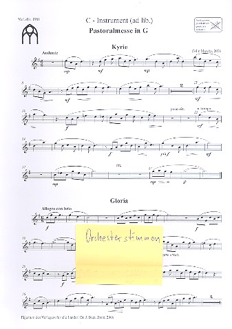Pastoralmesse G-Dur&nbsp;&nbsp;für gem Chor und Orgel (Sopran, Streicher und Bläser ad lib)&nbsp;&nbsp;Stimmensatz (Streicher 3-2-1-2)