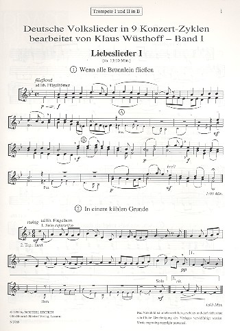 Deutsche Volkslieder in 9 Konzert-Zyklen Band 1&nbsp;&nbsp;für 2 Trompeten, Horn, Posaune und Tuba&nbsp;&nbsp;Trompete 1 und 2
