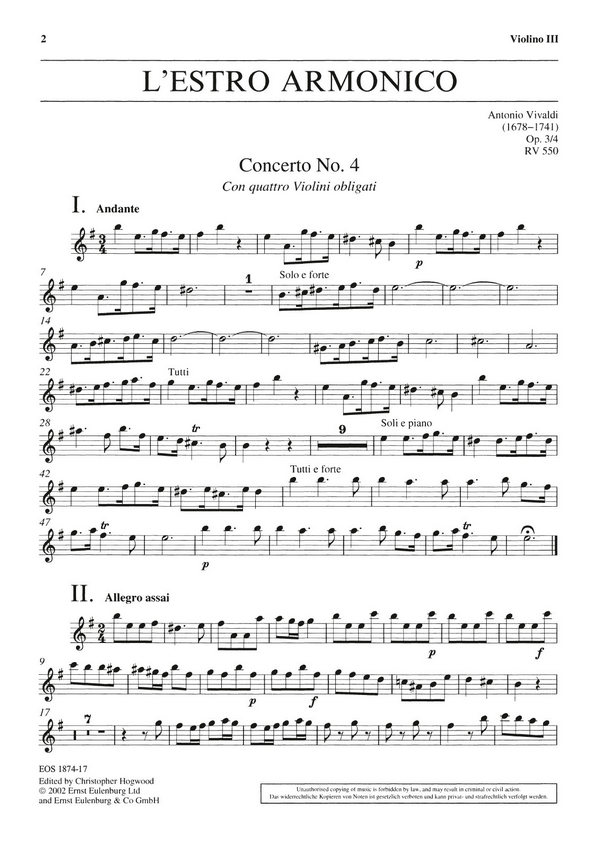 Konzert e-Moll op.3,4 RV550&nbsp;&nbsp;für Streichorchester mit 4 Violinen&nbsp;&nbsp;Violine 3