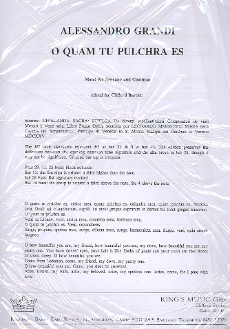 O Quam tu pulchra es  for soprano and Bc  score