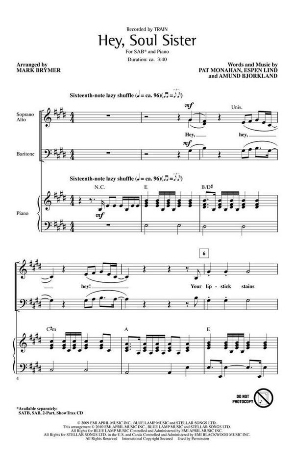 Hey Soul Sister&nbsp;&nbsp;for mixed chorus (SAB) and piano&nbsp;&nbsp;score