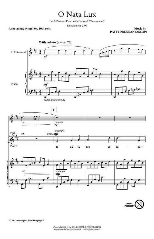 O nata lux for melody instrument,&nbsp;&nbsp;2 part chorus and piano&nbsp;&nbsp;score