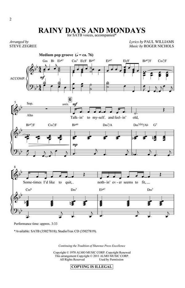 Rainy Days and Mondays&nbsp;&nbsp;for mixed chorus and piano&nbsp;&nbsp;score