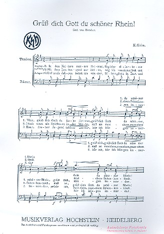 Grüss dich Gott du schöner Rhein  für Männerchor a cappella  Partitur,  Archivkopie