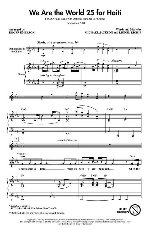 We are the World - 25 for Haiti&nbsp;&nbsp;for female chorus and piano&nbsp;&nbsp;score
