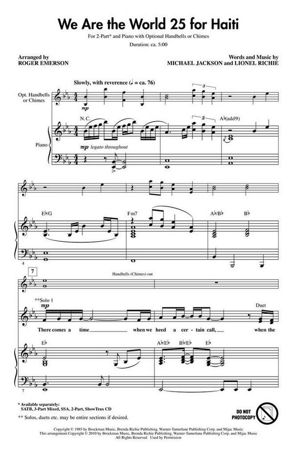 We are the World - 25 for Haiti&nbsp;&nbsp;for 2-part chorus and piano&nbsp;&nbsp;score
