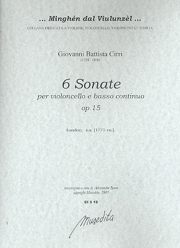 6 Sonaten op.15  für Violoncello und Bc  Partitur und Stimmen (Bc nicht ausgesetzt)