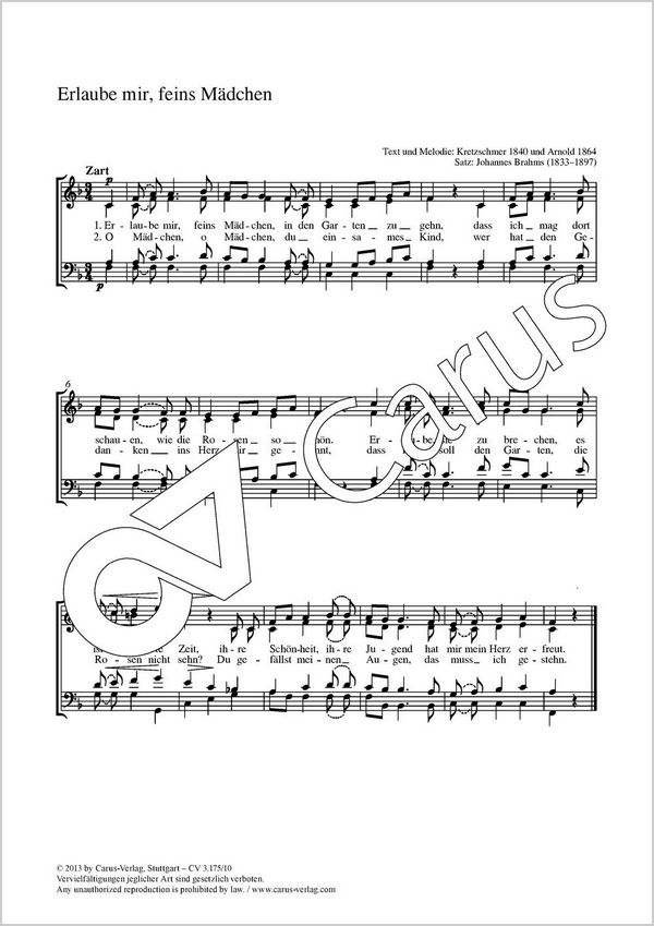 Erlaube mir feins Mädchen&nbsp;&nbsp;für gem Chor&nbsp;&nbsp;Chorpartitur
