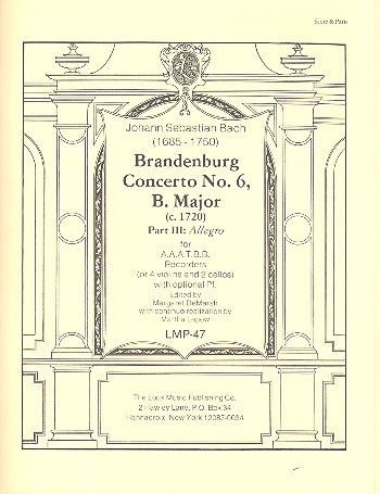 3. Satz aus dem Brandenburgischen Konzert B-Dur Nr.6  für 6 Blockflöten (AAATBB) (4 Violinen und 2 Celli) (Klavier ad lib)  Partitur und Stimmen
