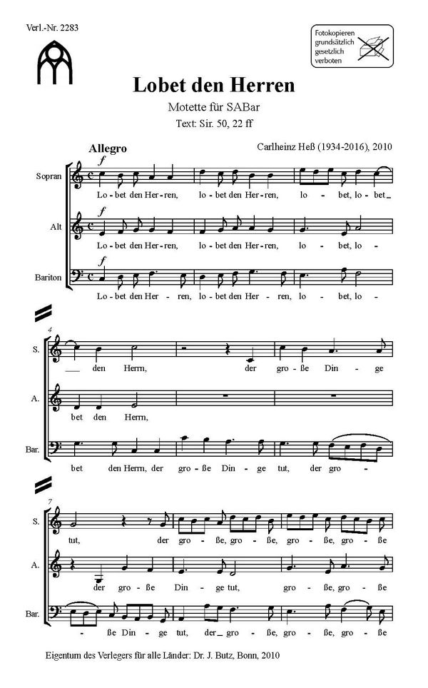 Lobet den Herrn&nbsp;&nbsp;für gem Chor (SAM) a cappella&nbsp;&nbsp;Partitur