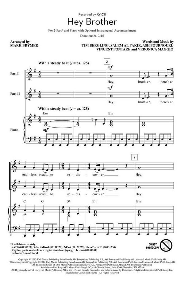Hey Brother&nbsp;&nbsp;for 2-part mixed chorus and instruments&nbsp;&nbsp;vocal score