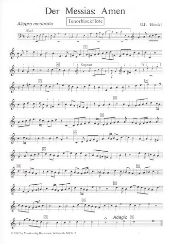 Amen  und  Hallelujah aus dem Messias  für 4 Bockflöten (SATB)  Tenorblockflöte