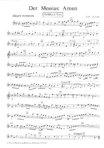 Amen  und  Hallelujah aus dem Messias  für 4 Blockflöten (SATB)  Bassblockflöte