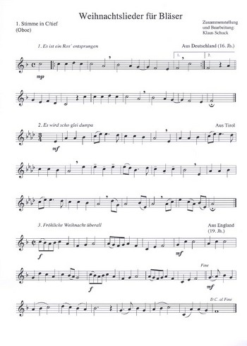 Weihnachtslieder  für Bläser (Blasorchester)  1. Stimme in C tief (Oboe)