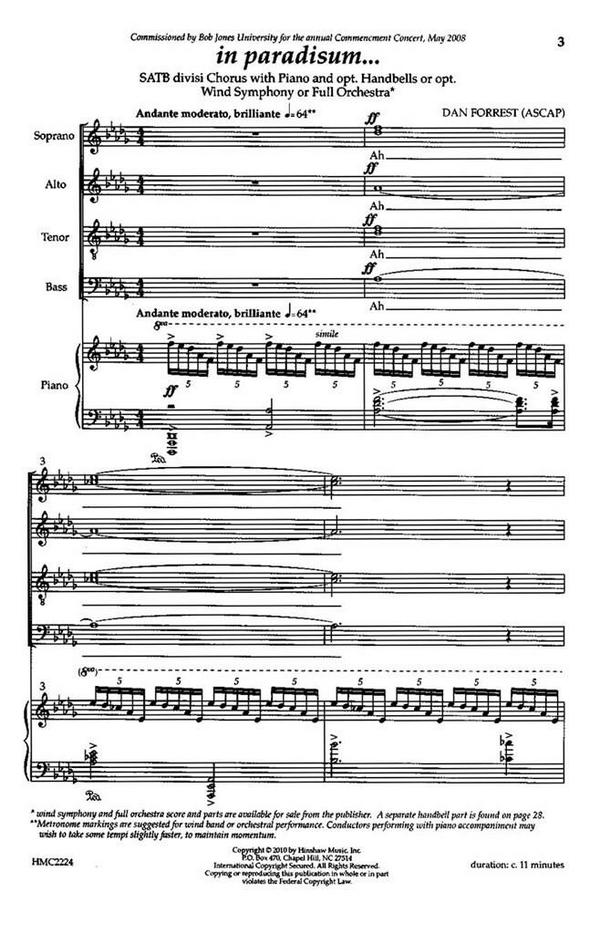 In paradisum&nbsp;&nbsp;for mixed chorus and piano (opt. handbells)&nbsp;&nbsp;score