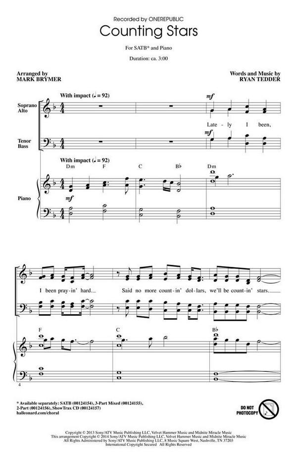 Counting Stars&nbsp;&nbsp;for mixed chorus and piano&nbsp;&nbsp;score