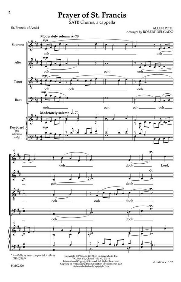 Prayer of St.Francis&nbsp;&nbsp;for mixed chorus a cappella (oiano for rehearsal only)&nbsp;&nbsp;score