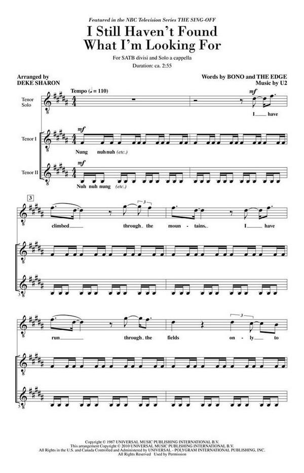 I still haven't found what I'm looking for&nbsp;&nbsp;for soloist and mixed chorus a cappella&nbsp;&nbsp;score