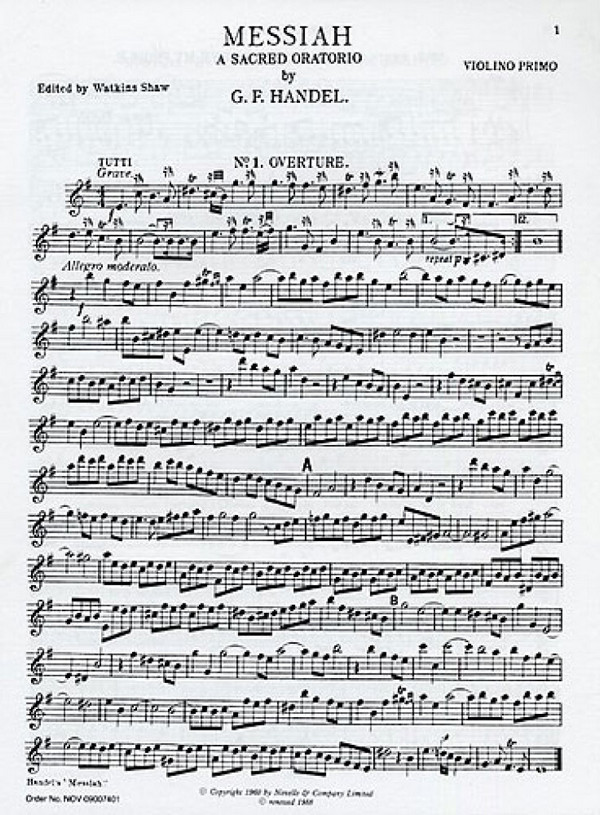 Messiah&nbsp;&nbsp;for soli, mixed chorus and orchestra&nbsp;&nbsp;violin 1