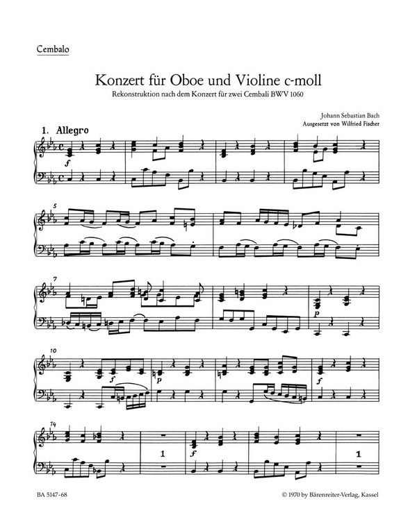 Konzert c-Moll BWV1060&nbsp;&nbsp;für Oboe, Violine und Orchester&nbsp;&nbsp;Cembalo